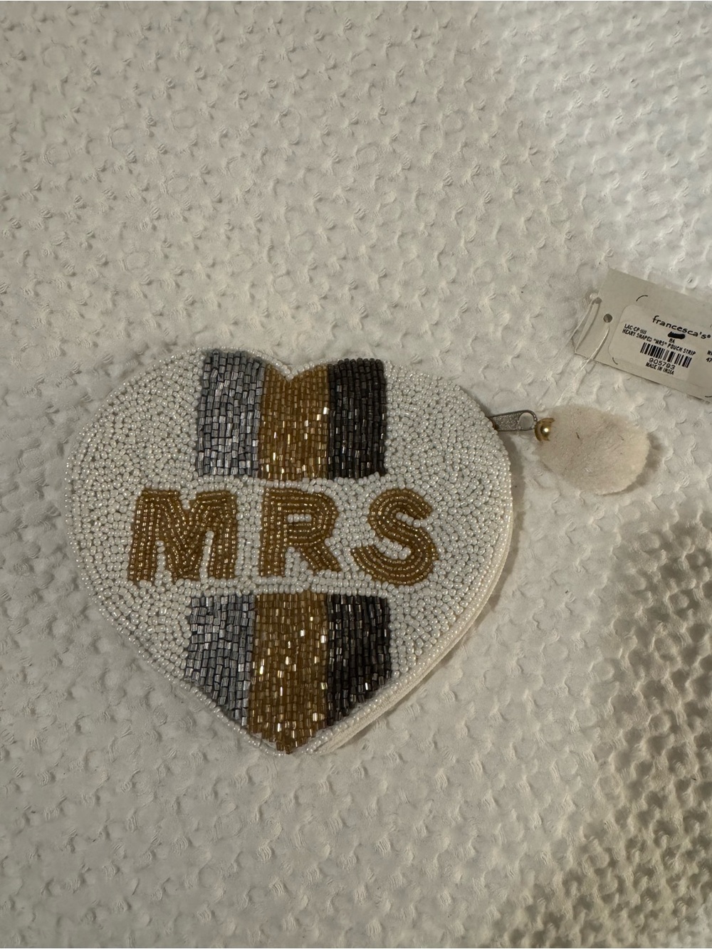Francesca's Collections White Beaded Heart Coin Purse with Gold 'MRS' Lettering